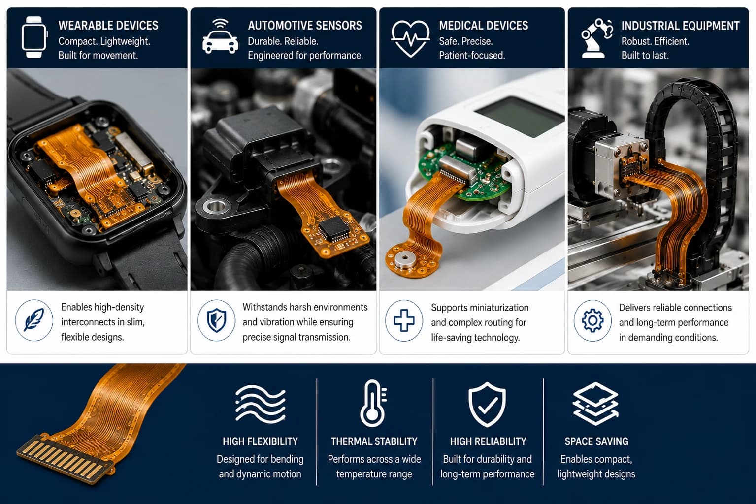 Application grid – wearable, automotive sensor, medical device flex PCB, industrial equipment