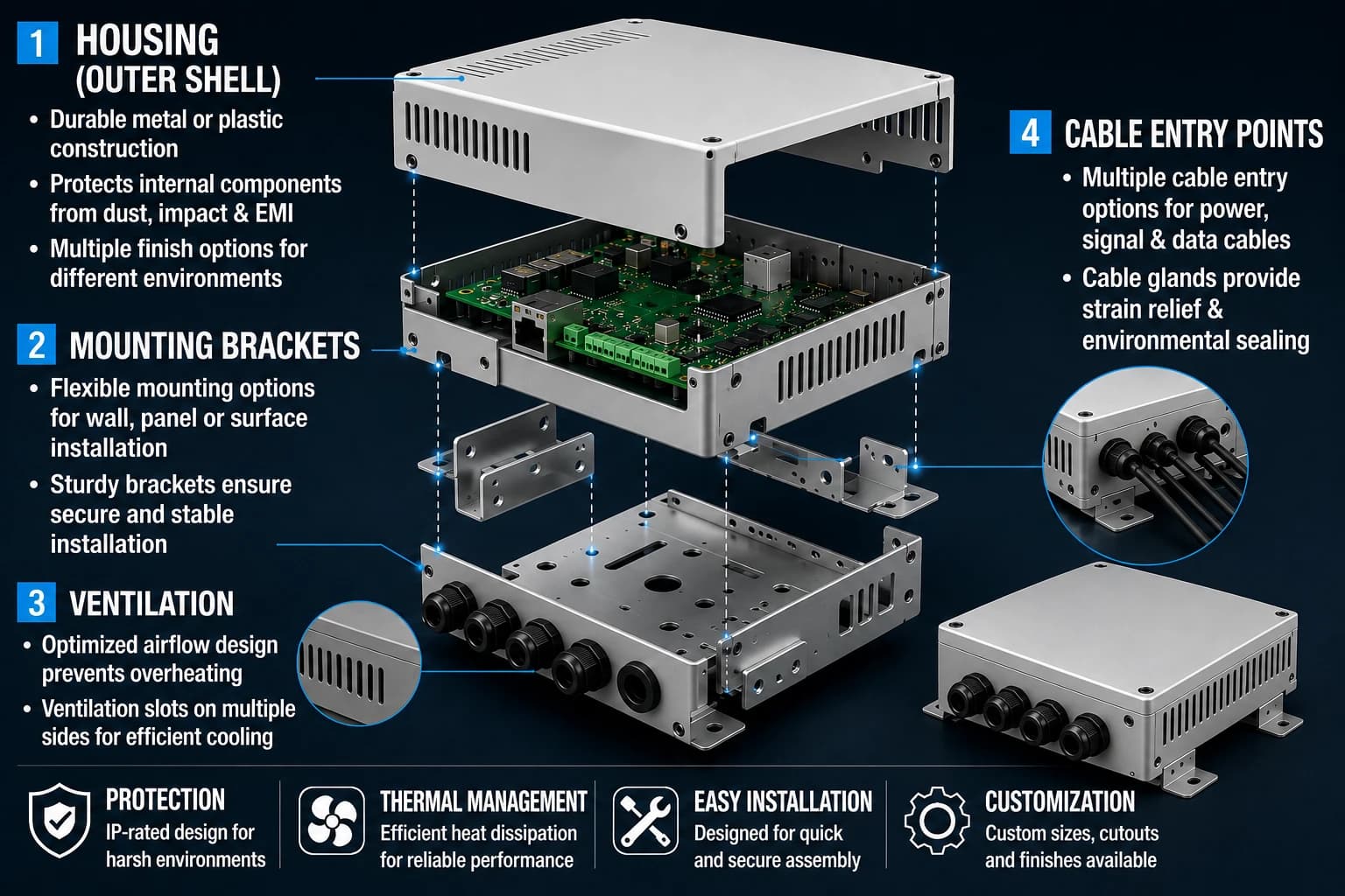 Grid of enclosure images – industrial panel, outdoor renewable energy box, medical device housing