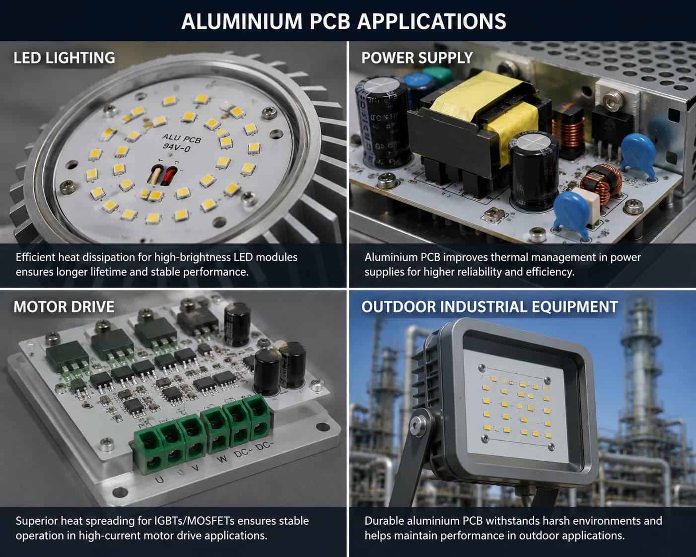 Grid of application photos – LED lighting, power supply, motor drive, outdoor industrial equipment