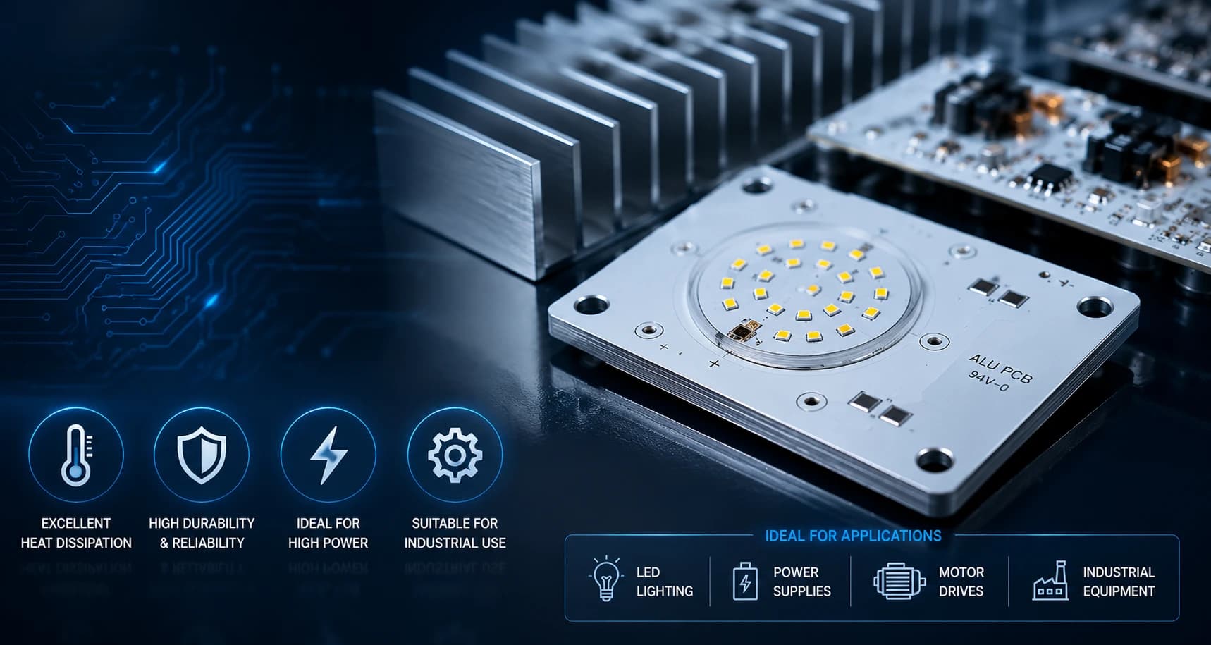 Aluminium-core PCB with power components mounted, clean industrial background