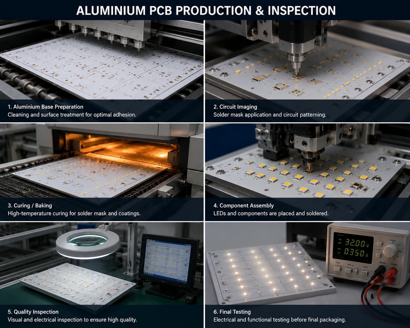 Technical cross-section diagram of aluminium PCB stack-up showing copper layer, dielectric, and aluminium base