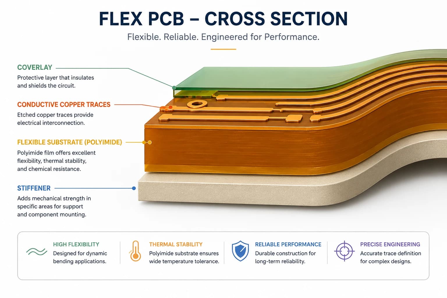 Cross-section diagram showing flexible substrate (polyimide), conductive copper traces, coverlay, and stiffener